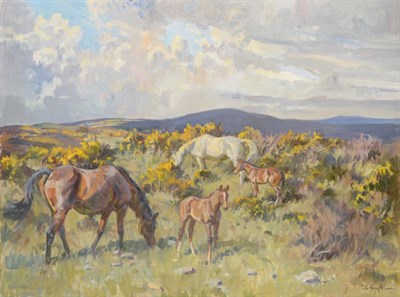 Lot 127 - Peter Biegel (1913-1988) Horses and foals grazing on moorland  Signed, oil on canvas, 75.5cm by...