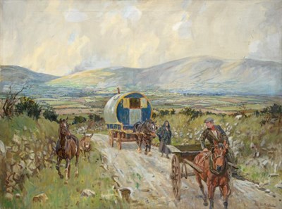 Lot 128 - Peter Biegel (1913-1988) Horse drawn gypsy caravan and figures in an extensive landscape...
