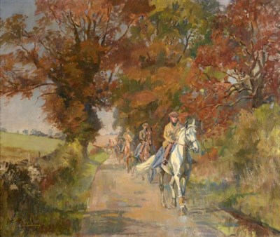 Lot 129 - Peter Biegel (1913-1988)  "Autumn Morning - Horses exercising " Signed, oil on canvas, 62cm by...