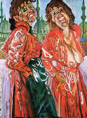 Lot 130 - John Bratby (1928-1992)  "Two figures of Patti in red raincoat with three Istanbul (1990) mosques "