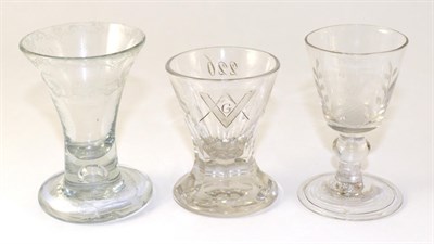 Lot 135 - A Firing Glass, mid 18th century, of flared form, Dutch engraved with O Vriendshap Laat U...