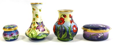 Lot 44 - A Group of Four Moorcroft Enamels, two vases and two trinket boxes comprising: Wild Spring Flowers