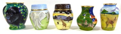 Lot 46 - A Group of Five Moorcroft Enamels, two ginger jars and covers and three vases comprising:...