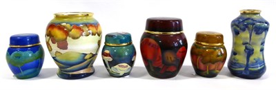 Lot 47 - A Group of Six Moorcroft Enamels, four ginger jars and covers and two vases comprising:...
