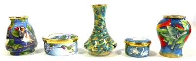 Lot 48 - A Group of Five Moorcroft Enamels, two trinket boxes and three vases comprising: Zebra Finch...