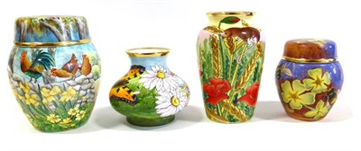 Lot 52 - A Group of Four Moorcroft Enamels, two ginger jars and covers and two vases comprising: Butterflies