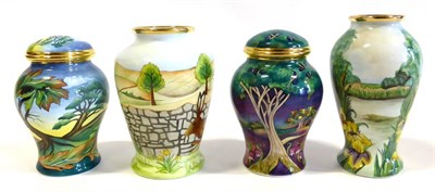 Lot 54 - A Group of Four Moorcroft Enamels, two vases and two covered jars comprising: Fritham, Wenlock...