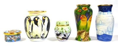 Lot 56 - A Group of Five Moorcroft Enamels, three vases a ginger jar and cover and a lidded box...