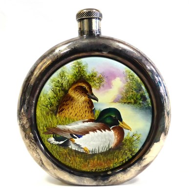 Lot 58 - A Moorcroft Silver and Enamel Mallard Hip Flask, 5/25, designed by Steven Smith (boxed)