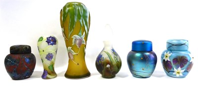 Lot 65 - A Group of Six Pieces of Okra Glass, comprising: three ginger jars and covers, two vases (including