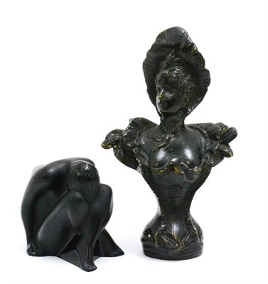 Lot 69 - Modern Lalique black glass Reve figure and a modern bronze portrait bust of a woman (2)