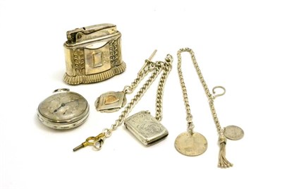 Lot 88 - A group including a silver pocket watch, silver watch chain and T-bar, silver fob, Ronson table...