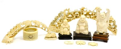 Lot 103 - A group of early 20th century Chinese ivory including an elephant bridge, a landscape carved...