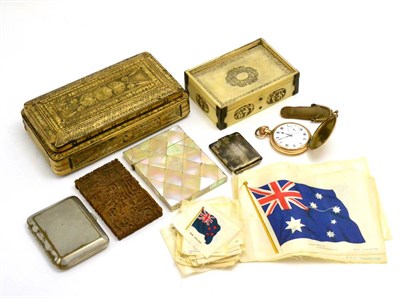 Lot 107 - Mother-of-pearl card case, Chinese boxwood card case, silks, straw-work box etc