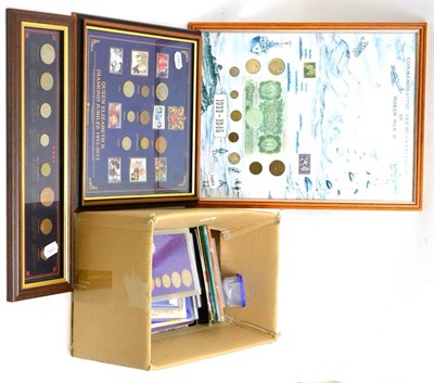 Lot 108 - Three framed sets of coins and a box of coin sets and banknotes