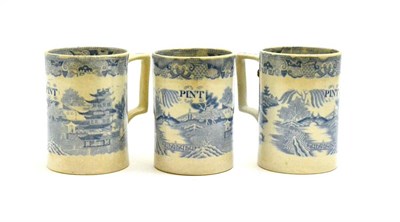 Lot 111 - Three Victorian pint mugs with Old Willow decoration and a Customs & Excise marker