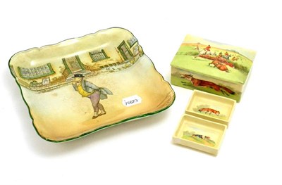 Lot 112 - A Royal Doulton 'Mr Pickwick' dish, a Royal Doulton butter dish decorated with a hunting scene...