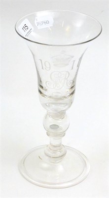 Lot 115 - Large goblet with bell shaped bowl on hollow knop stem and folded foot engraved to commemorate...