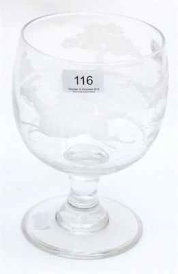 Lot 116 - Large 19th century rummer on plain stem and round foot engraved with hunting scene