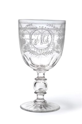 Lot 144 - A Railway Commemorative Glass Coin Goblet, circa 1850, the ovoid bowl engraved with HIGH LEVEL...