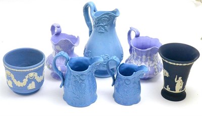 Lot 119 - Five Victorian pottery jugs and two items of Wedgwood Jasperware