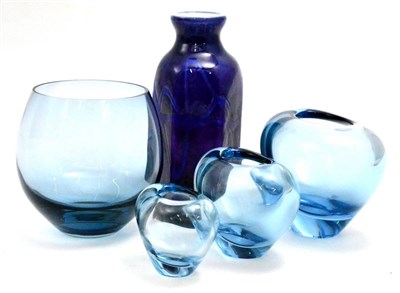 Lot 124 - Three similar Holmgaard glass vases, of light blue colour, etched to base, a Caithness studio...