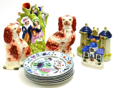 Lot 125 - A pair of Staffordshire dogs, three Staffordshire flat back groups and six Davenport plates