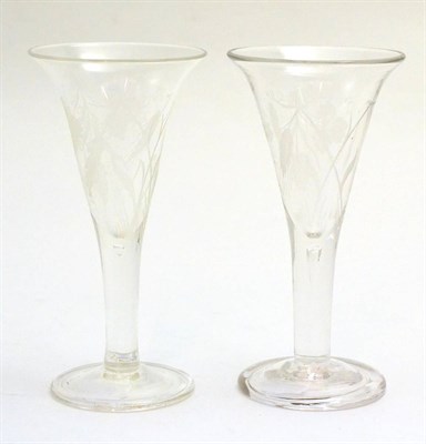 Lot 132 - Pair of ale glasses on plain drawn stems and trumpet bowls engraved with hops and barley (2)