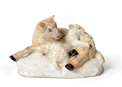 Lot 146 - A Bow Porcelain Figure Group of Sheep, circa 1752, modelled as a recumbent sheep and lamb on a...
