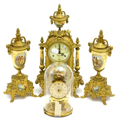 Lot 141 - Modern gilt metal and ceramic decorated clock garniture and a Continental anniversary clock