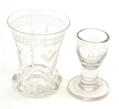 Lot 152 - Late 18th century firing glass with bowl engraved with masonic emblems and a later tumbler with...