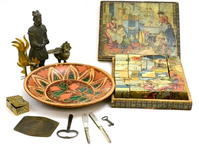 Lot 155 - Pottery plate, jigsaw game in original box, two silver fruit knives, Eastern small brass and copper