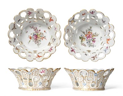 Lot 148 - A Pair of Chelsea Porcelain Baskets, circa 1760, of circular form, painted with flowersprays within