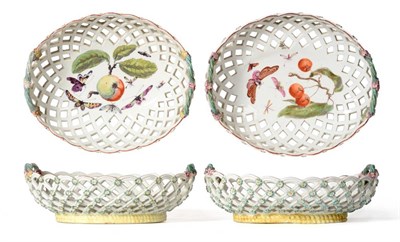 Lot 150 - A Pair of Derby Porcelain Baskets, circa 1760, of oval form, painted with fruiting branches and...