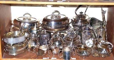 Lot 191 - A large quantity of plated wares including, entree dishes, spirit kettle on stand, tea wares,...