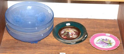 Lot 192 - Three moulded and blue tinted glass ceiling bowls and three china cabinet plates