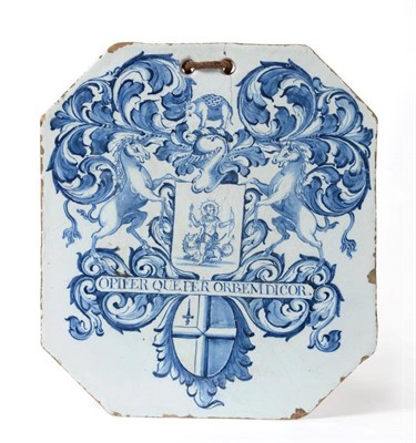 Lot 153 - A London Delft Pill Slab, circa 1740, of canted rectangular form painted in blue with the arms...