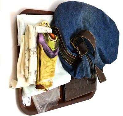 Lot 210 - Fendi denim and brown leather slouch bag, silk scarves, brown croc style wallet bearing a...