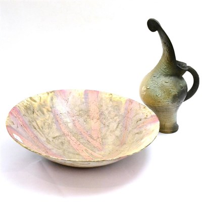 Lot 214 - David Howard Jones (b.1953): A Raku bowl, pink and white slip glaze, incised seal mark, 40.5cm;...