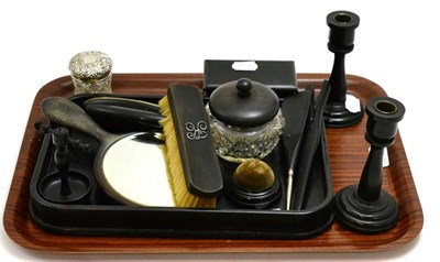 Lot 224 - Bright cut silver teaspoons, silver mounted toilet jars, ebony dressing set, enamel box, silver...