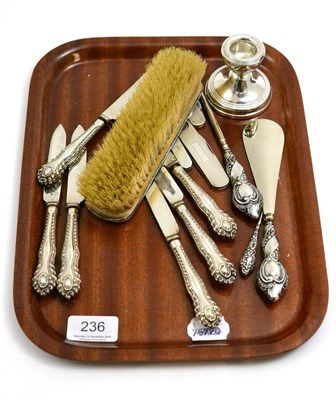 Lot 236 - A group of silver including a set of six Victorian fruit knives, Victorian silver handled shoe horn