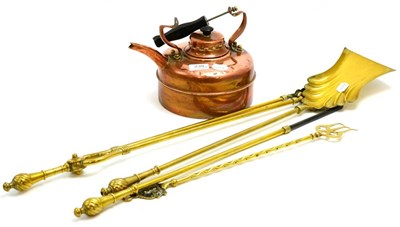 Lot 239 - Quantity of brass fire irons and copper kettle