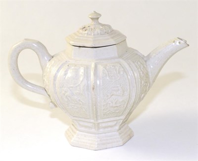 Lot 158 - A Staffordshire Saltglazed Stoneware Teapot and Cover, circa 1750, octagonal baluster form...