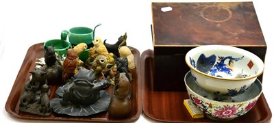 Lot 261 - Two trays including 19th century mahogany hinged box, Japanese pedestal bowl, Border Fine Arts...