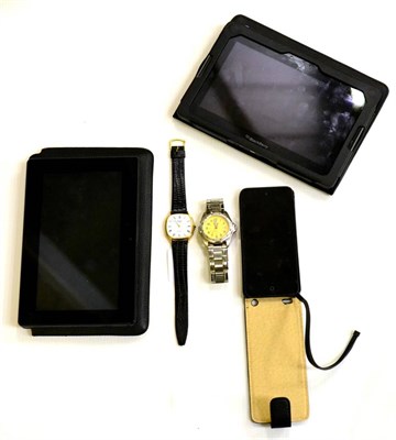 Lot 499 - Two blackberry tablets (one 64GB), an iPod touch and two modern wristwatches