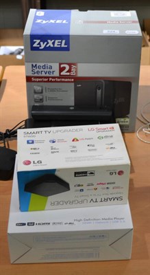 Lot 524 - Zyxel NSA325 V2 media server, a Lacie LA cinema HD media player, LG Smart TV Upgrader and a...