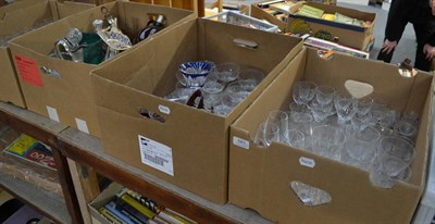 Lot 583 - Five boxes of glass including, champagnes, tumblers, liqueurs, decanters, vases, cut glass...