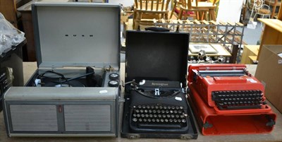 Lot 585 - Olivetti Valentine portable typewriter, another Remington example and a Bush record player