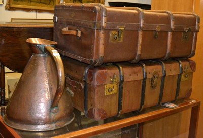 Lot 608 - Two vintage wooden bound suitcases, together with a large four gallon harvest jug