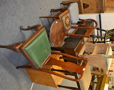 Lot 634 - Three mahogany dining chairs, tripod table, two pine benches, two pine stools, pair of oak...